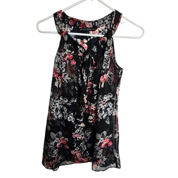White House Black Market Sleeveless Blouse Black Floral Print Women 0 Tank Top - Picture 1 of 7